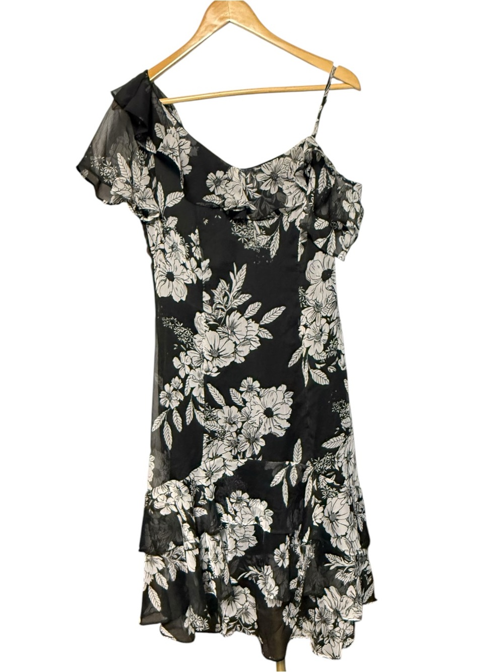 Coleen Lopez One Shoulder Ruffle Dress Black Floral Size 8